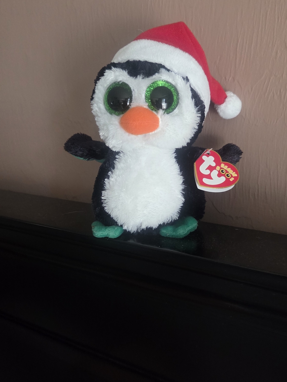 Ty Beanie Boos Black & White Penguin Plush with Red Santa Hat
